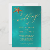 海ブルー金ゴールドスクリプトビーチ先結婚式 招待状 (正面)