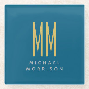 海ブルー金ゴールドモノグラムイニシャル文字名 ガラスコースター