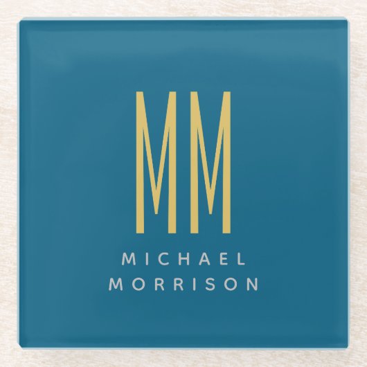海ブルー金ゴールドモノグラムイニシャル文字名 ガラスコースター (正面)