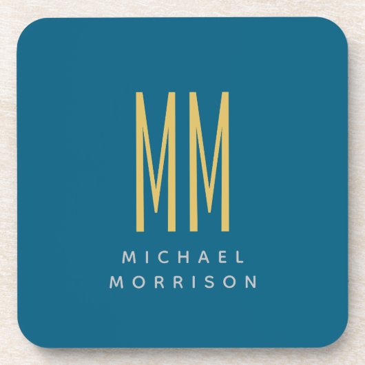 海ブルー金ゴールドモノグラムイニシャル文字名 コースター (正面)