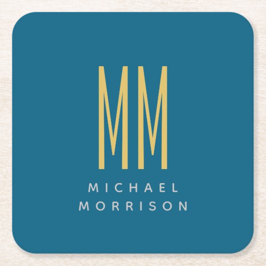 海ブルー金ゴールドモノグラムイニシャル文字名 スクエアペーパーコースター (正面)