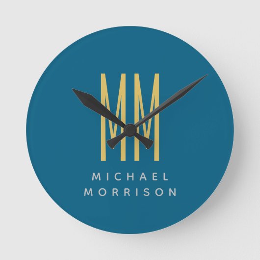 海ブルー金ゴールドモノグラムイニシャル文字名 ラウンド壁時計 (正面)