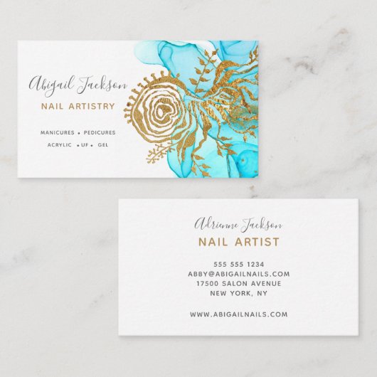 海ブルー金ゴールド抽象芸術水彩爪、 ネイル術 名刺 (正面/裏面)