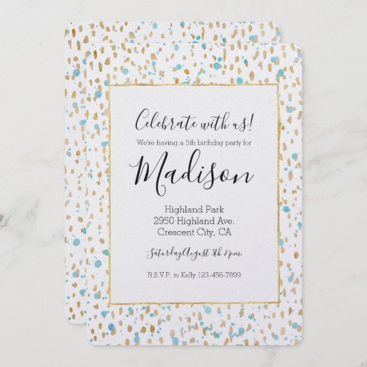 海ブルー金ゴールド紙吹雪ドット水色誕生日 招待状 (正面/裏面)