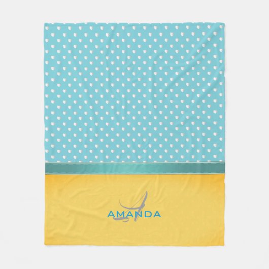 海ブルー、サニービーチ、シルバーハートモノグラム フリースブランケット (正面)