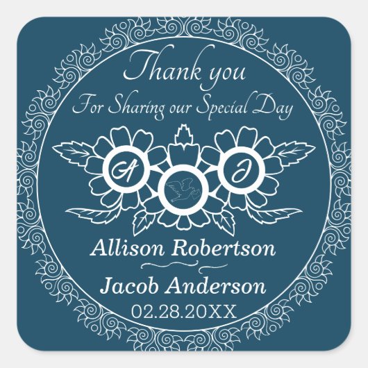 海ブルー&ホワイトの結婚クラシックラウンドステッカー スクエアシール (正面)