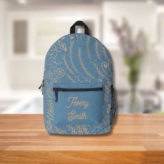 海プリントバックパック – 手描き波&サンゴ プリントバックパック