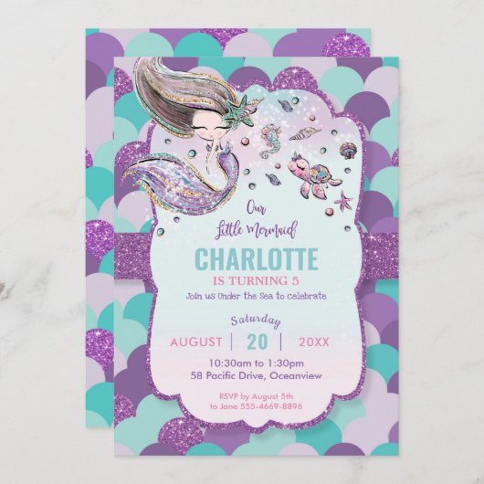 海プールの下の人魚の誕生日パーティパープル 招待状 (正面/裏面)