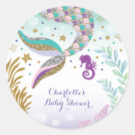 海プールの下の人魚パーティーありがとうステッカー ラウンドシール