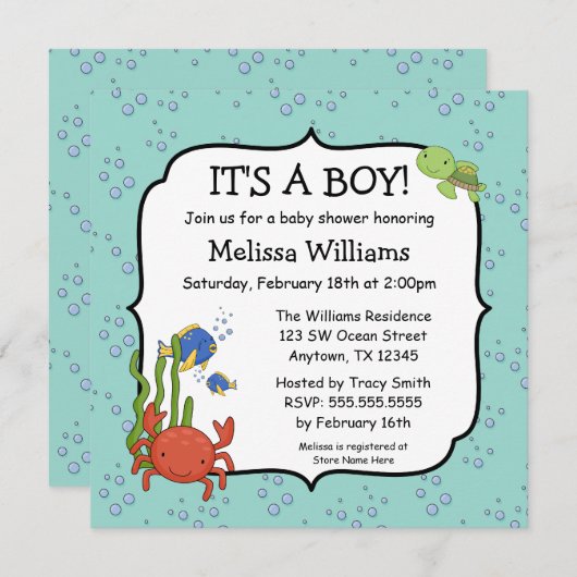 海ベビーシャワー招待状はの下で男の子の泡立ちます 招待状 (正面/裏面)