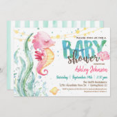 海ベビーシャワー、ガールピンクシーホースの招待 招待状 (正面/裏面)