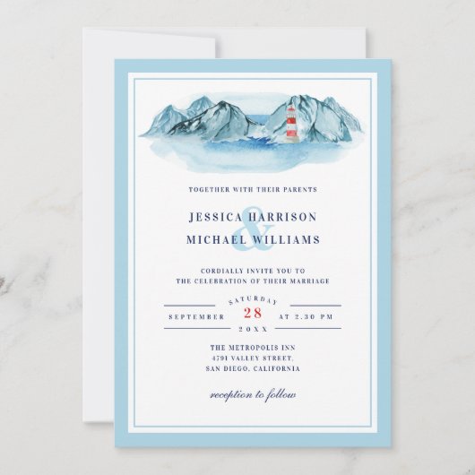 海マウンテンライトハウスブルーウォーター結婚カラー 招待状 (正面)