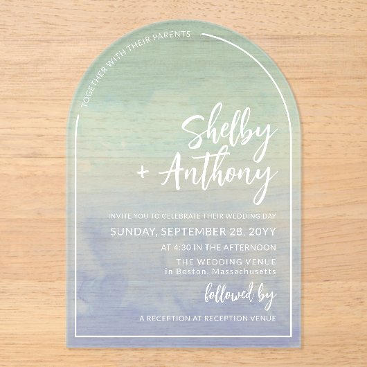 海ミストブルーティール(緑がかった色)アーチフレー結婚ム アクリル招待状 (正面)