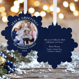 海モダンと挨拶フォトブルー オーナメントカード