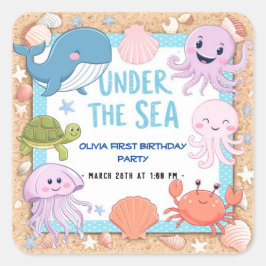 海モダンのエレガント誕生日の下の水色3 スクエアシール