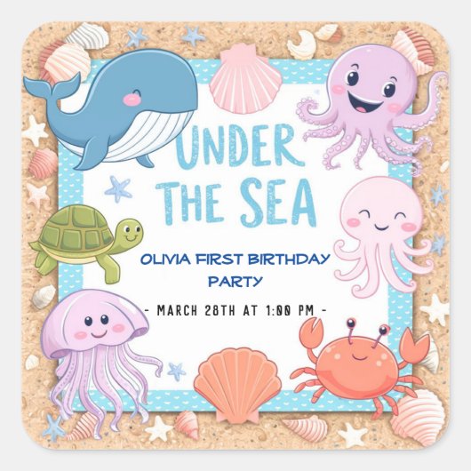 海モダンのエレガント誕生日の下の水色3 スクエアシール (正面)