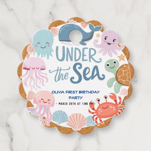 海モダンのエレガント誕生日の下の水色4 フェイバータグ (正面)