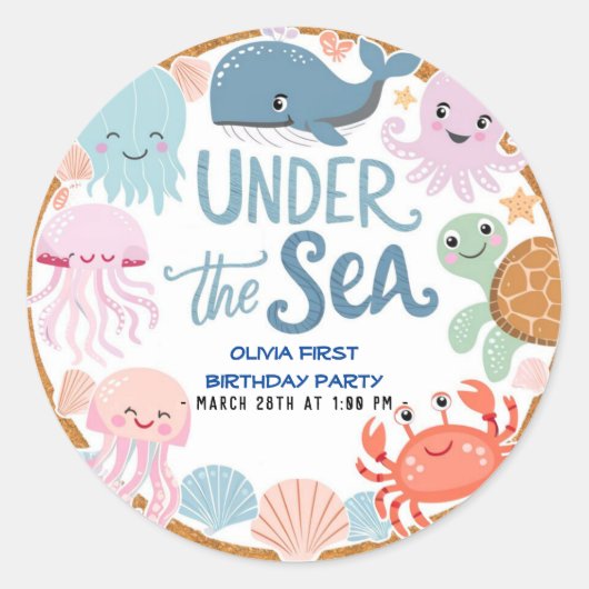 海モダンのエレガント誕生日の下の水色4 ラウンドシール (正面)