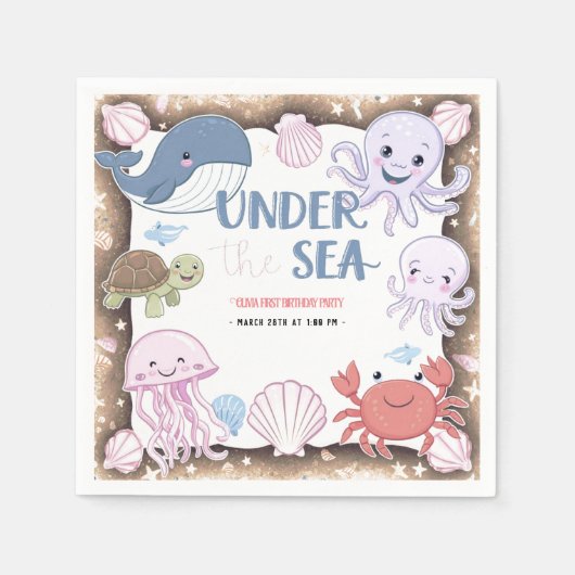 海モダンのエレガント誕生日の下の水色6 スタンダードカクテルナプキン (正面)