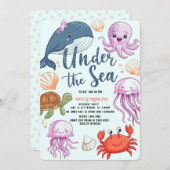 海モダンのエレガント誕生日の下の水色6 招待状 (正面/裏面)