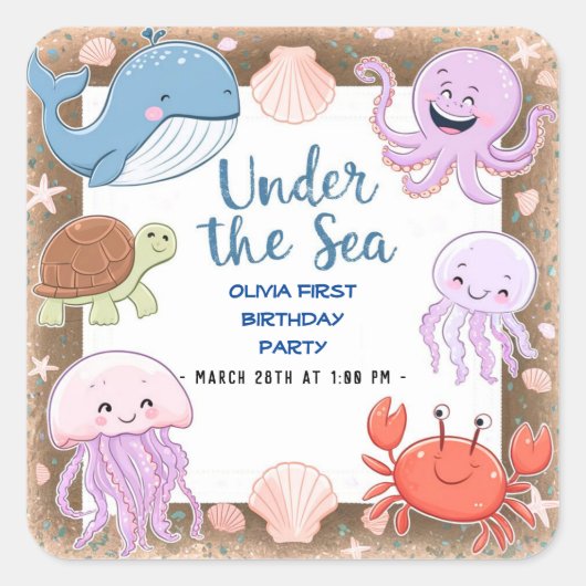 海モダンのエレガント誕生日下の水色2 スクエアシール (正面)