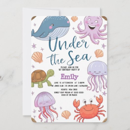 海モダンのエレガント誕生日下の水色2 招待状 (正面)