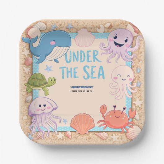 海モダンのエレガント誕生日下の水色5 ペーパープレート (正面)