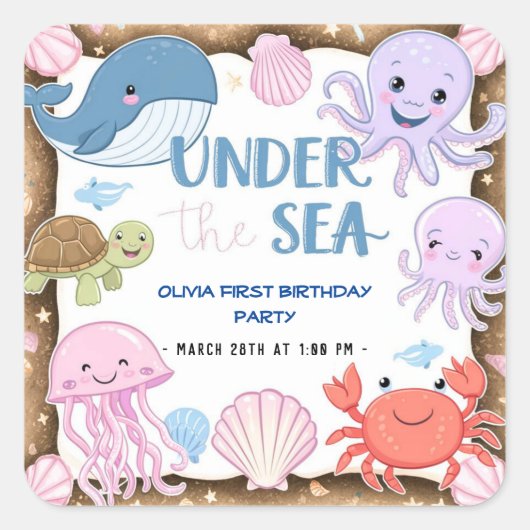 海モダンのエレガント誕生日下の水色 スクエアシール (正面)