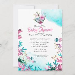 海モダンの赤ちゃんシャワーの下のピンク色の青 招待状