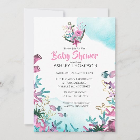 海モダンの赤ちゃんシャワーの下のピンク色の青 招待状 (正面)
