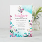 海モダンの赤ちゃんシャワーの下のピンク色の青 招待状 (スタンド正面)