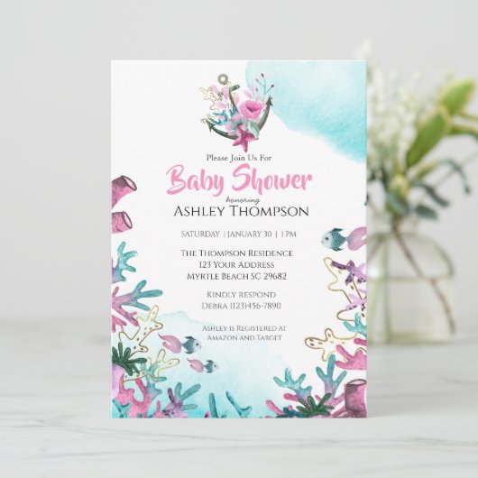 海モダンの赤ちゃんシャワーの下のピンク色の青 招待状 (スタンド正面)