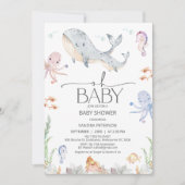 海モダンの赤ちゃんシャワーの下の灰色のクジラOhベビー 招待状 (正面)