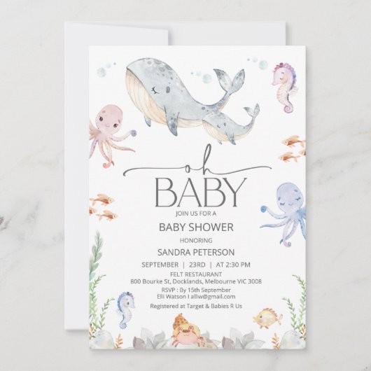 海モダンの赤ちゃんシャワーの下の灰色のクジラOhベビー 招待状 (正面)