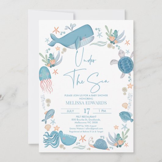 海モダンの赤ちゃんシャワーの下の青い少年の海 招待状 (正面)