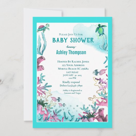 海モダンの赤ちゃんシャワーの下の青 招待状 (正面)