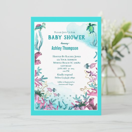 海モダンの赤ちゃんシャワーの下の青 招待状 (スタンド正面)