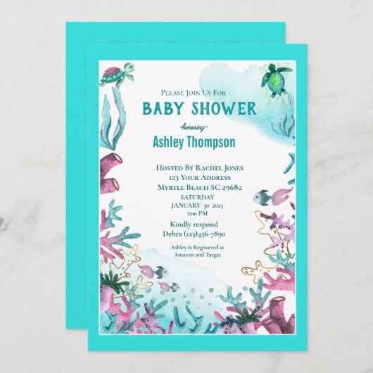 海モダンの赤ちゃんシャワーの下の青 招待状 (正面/裏面)