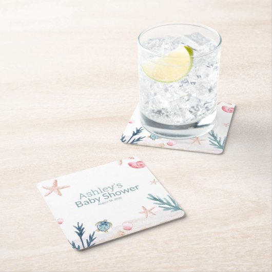 海モダンウミガメヒトデの女の子ベビーシャワー スクエアペーパーコースター (インサイチュ)