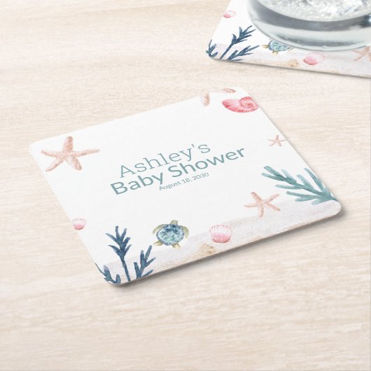 海モダンウミガメヒトデの女の子ベビーシャワー スクエアペーパーコースター (アングル)