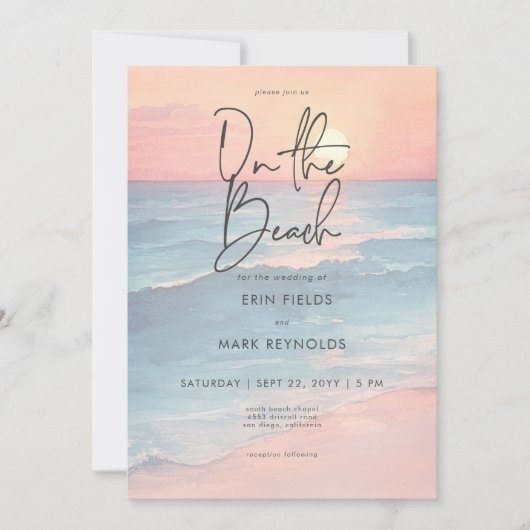 海モダンサンセットウォーターカラーオンビーチ結婚式 招待状 (正面)