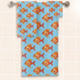 海モダンシーライフかわいいオレンジフィッシュパターン(の模様が)ある バスタオルセット