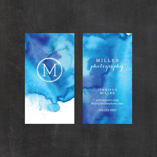 海モダンビーチイブルーウォーターカラーモノグラム 名刺