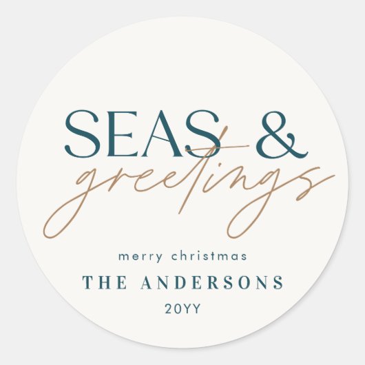 海モダンビーチファミリーフォトホリデーカード ラウンドシール (正面)