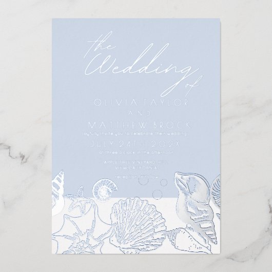 海モダン実在銀フォイル結婚式招待状 箔招待状 (正面)