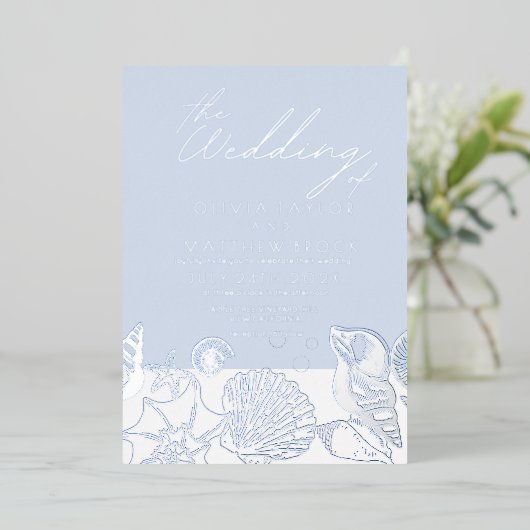 海モダン実在銀フォイル結婚式招待状 箔招待状 (立ち正面)