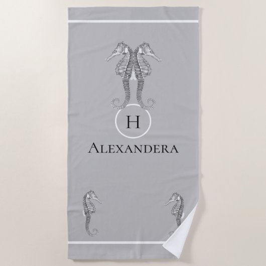 海モダン航海の馬グレー ビーチタオル (正面)