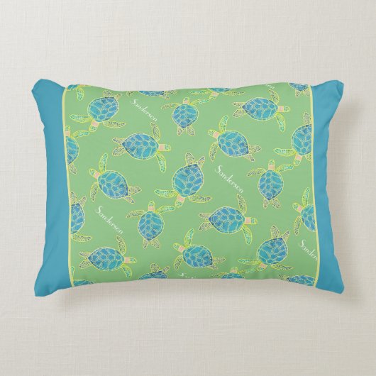 海モノグラムの亀ブルーイエローグリーン アクセントクッション (正面)