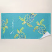 海モノグラムの亀ブルーイエローグリーン ビーチタオル (正面)