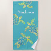 海モノグラムの亀ブルーイエローグリーン ビーチタオル (正面)